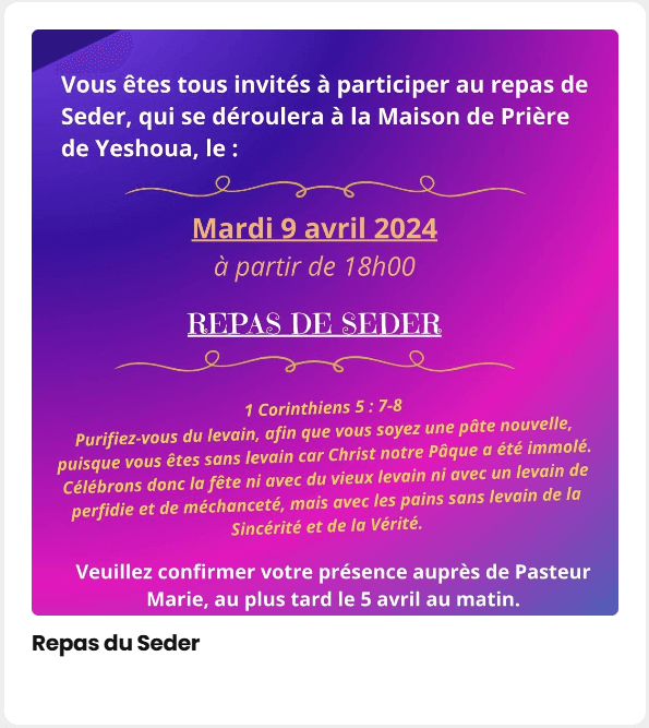 Flyer du repas de Seder du 9 avril 2024